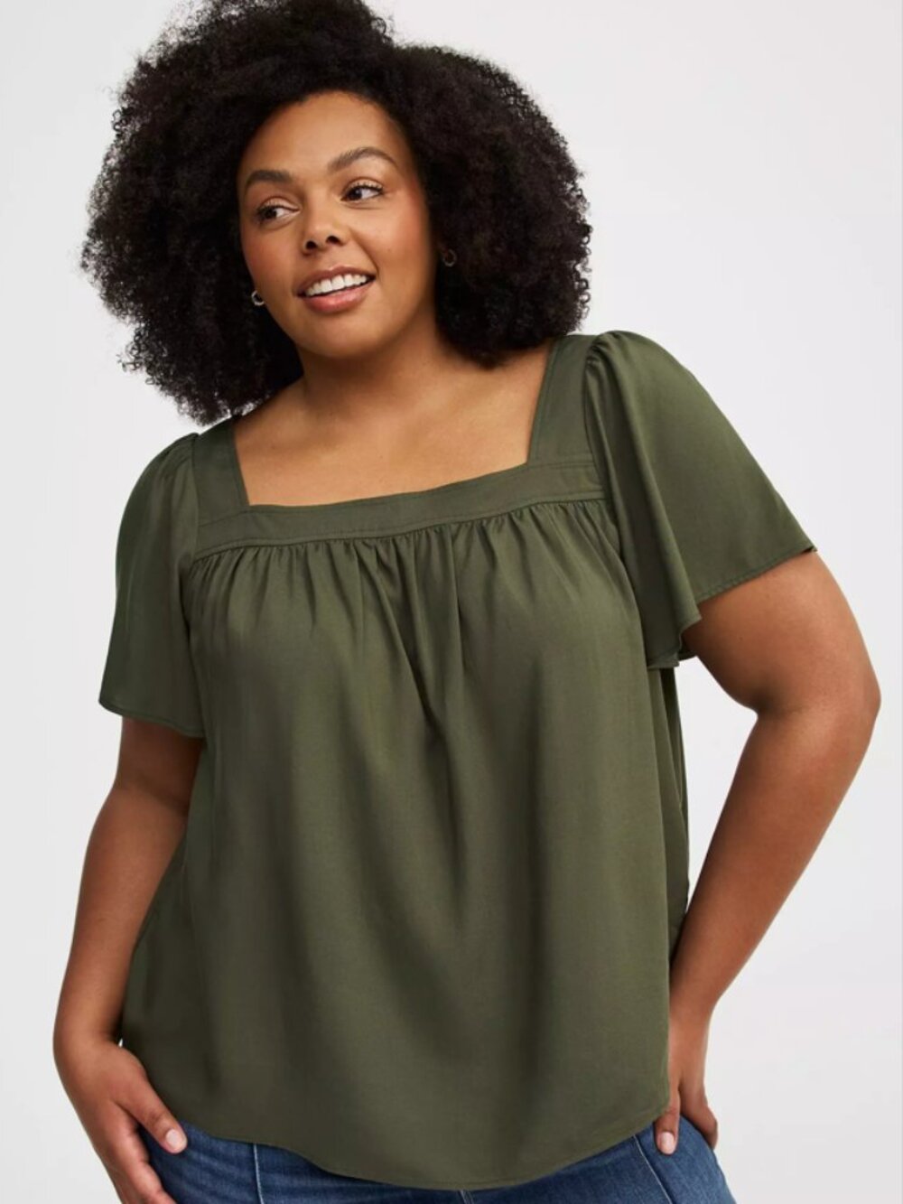 Torrid Olive Green Challis Flutter Sleeve Blouse Size 2 2X Square Neck